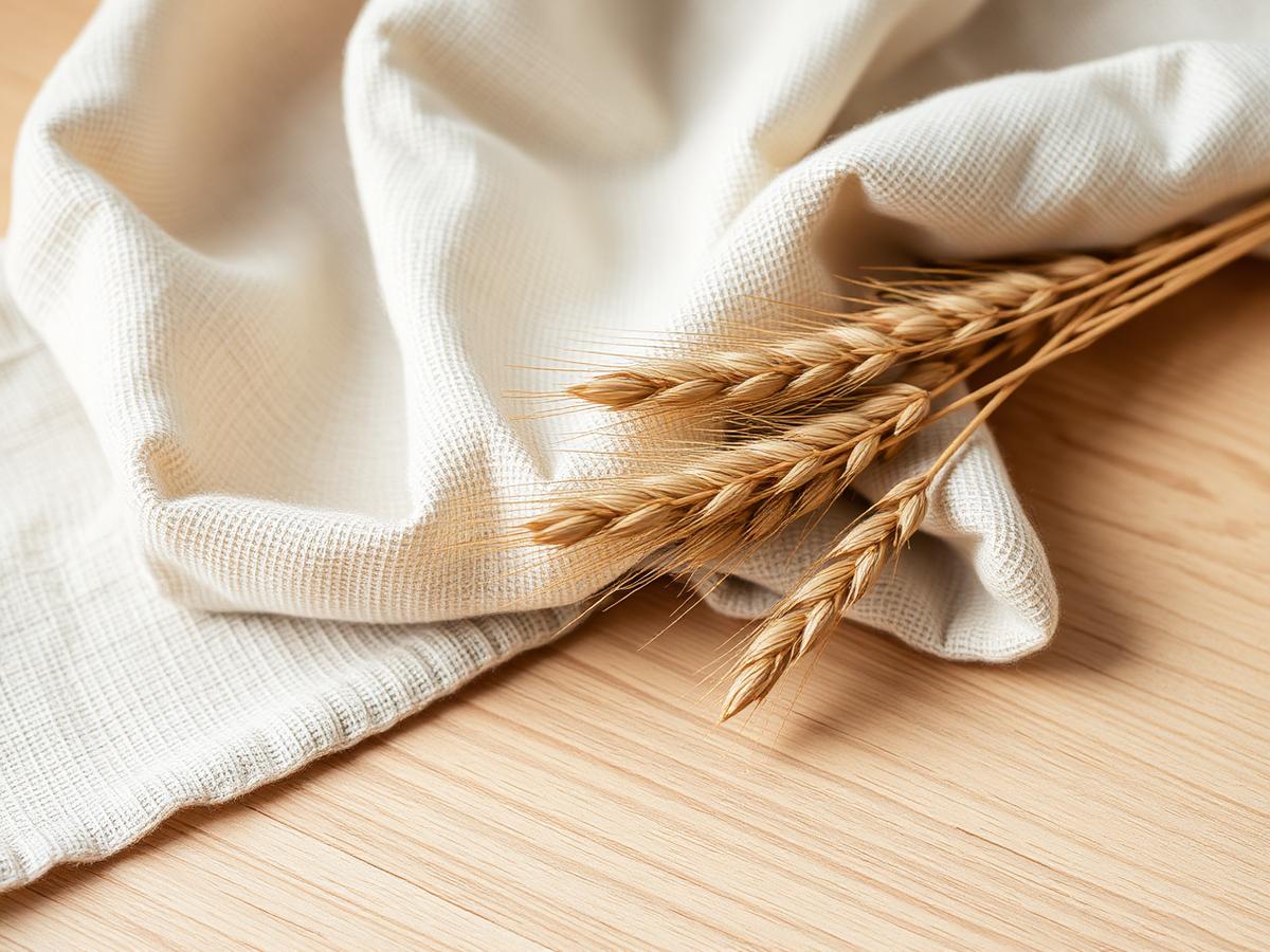 Folded ivory linen and dried wheat stems resting on a pale oak table