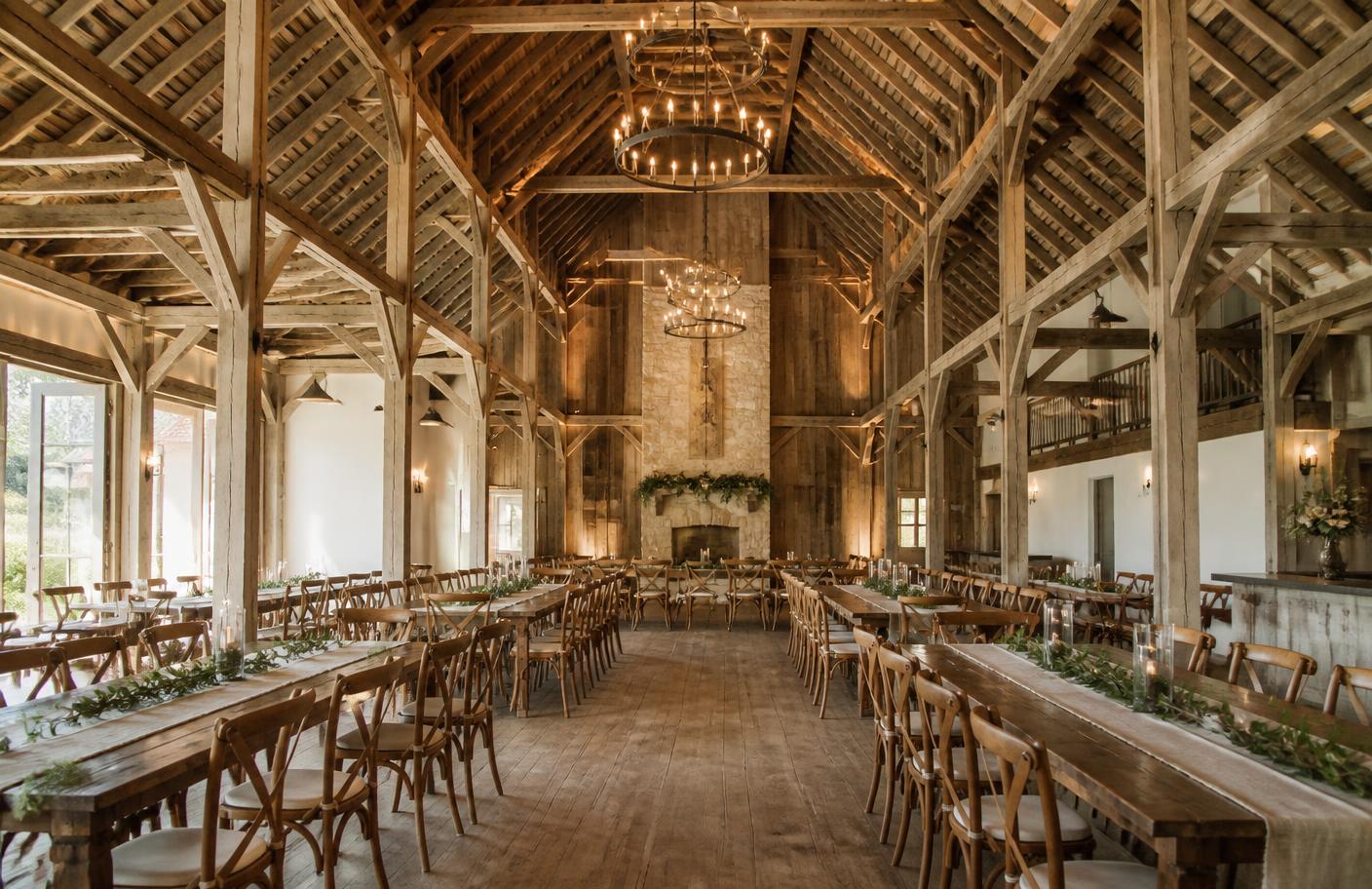 Interior of a timber-framed wedding barn with long oak tables and iron chandeliers